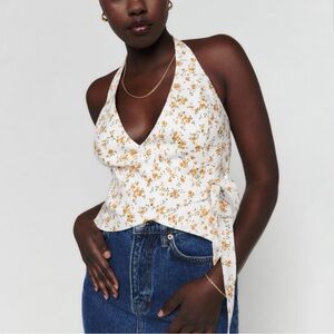 Reformation Linen Floral Wrap Halter Top - White and Orange